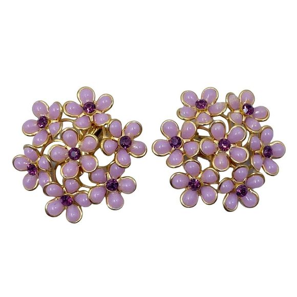 Vintage 1970’s Purple Floral Cluster Clip-On Earrings - Picture 1 of 5